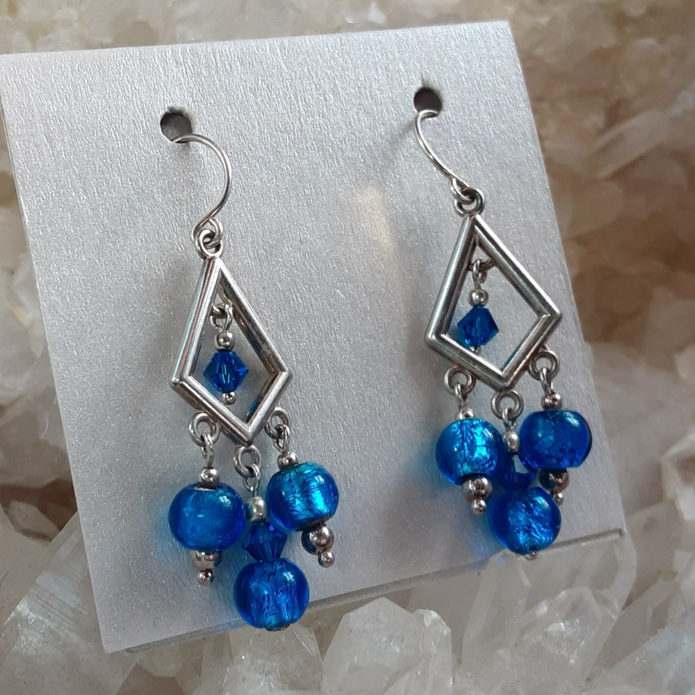 Sterling silver earrings with Swarovski crystal and glass beads. J hooks.
